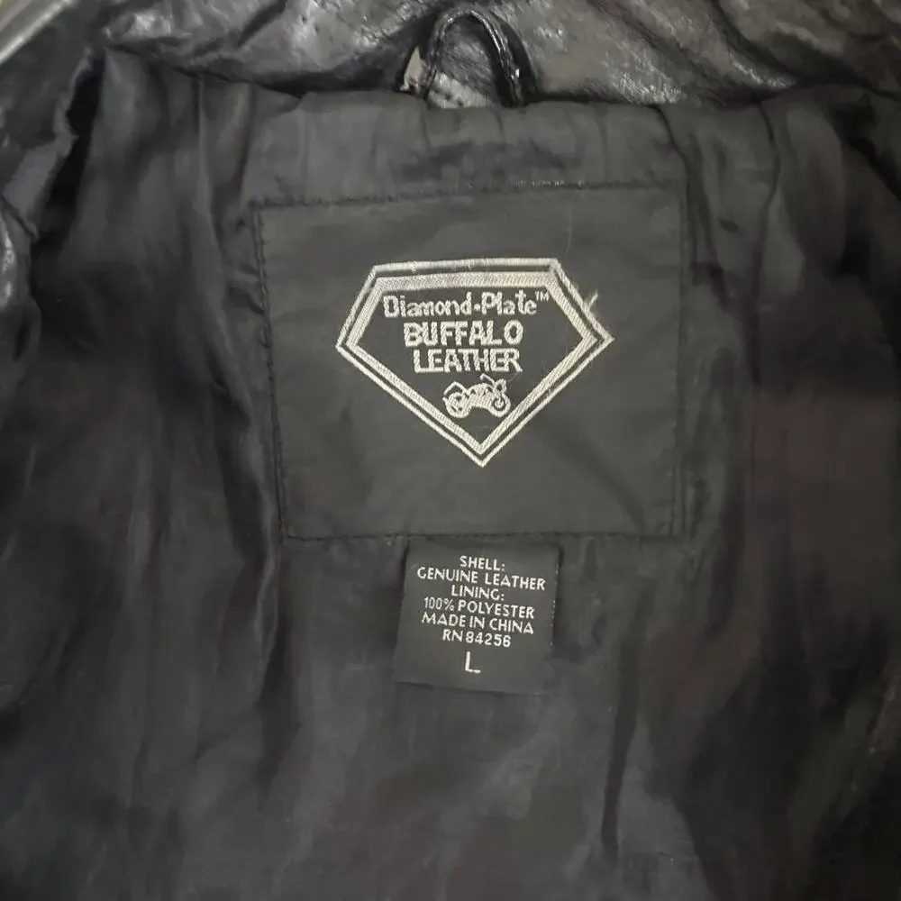 Diamond Plate Buffalo Leather Motorcycle Jacket Men’s L Black Biker Distressed